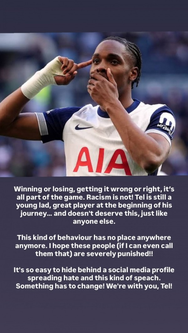 理查利森声援特尔：胜负对错都是比赛的一部分，但种族歧视不是